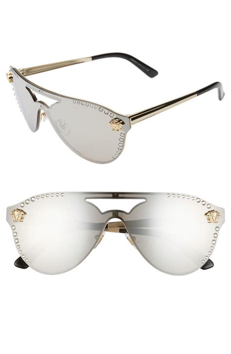 medusa 60mm crystal shield sunglasses versace on person|Versace 60mm embellished oval sunglasses.